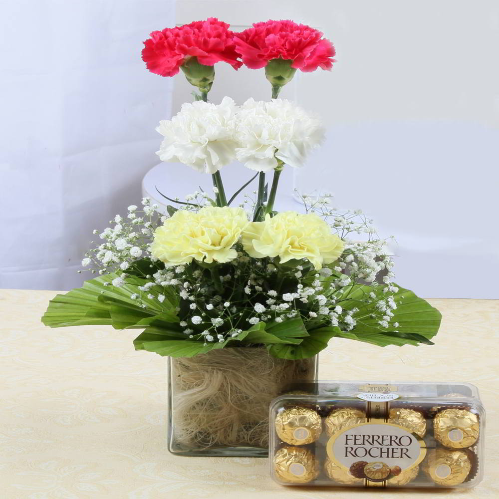 Ferrero Rocher Chocolates and Carnations Arrangement for Mumbai