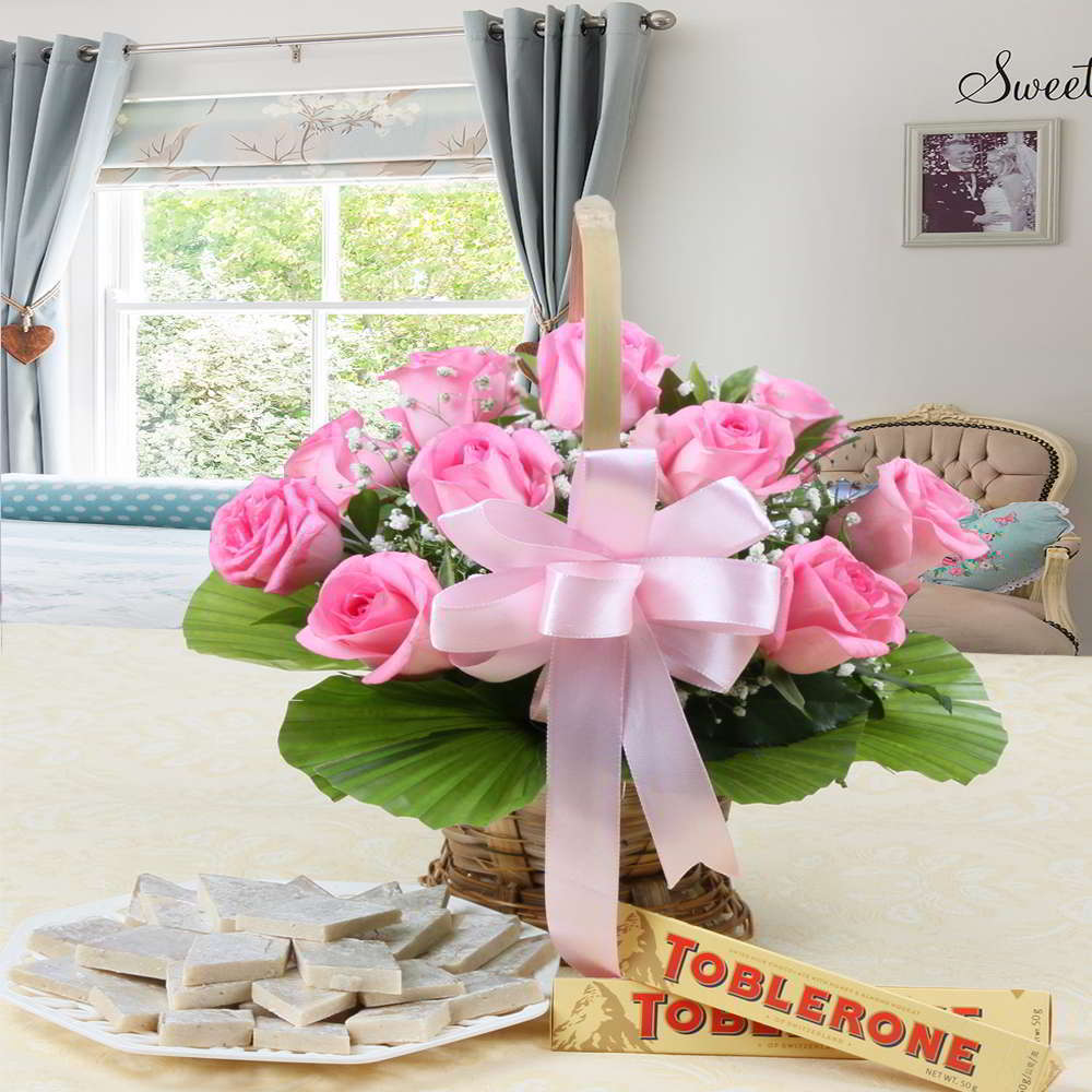 Pink Roses Arrangement with Kaju Katli and Toblerone Chocolates for Mumbai