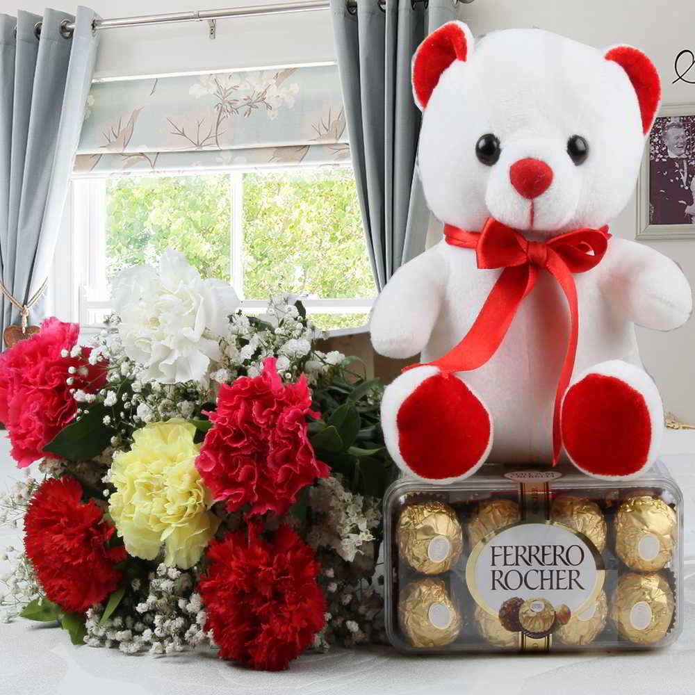Colorful Carnations with Ferrero Rocher Chocolates and Teddy Bear for Mumbai