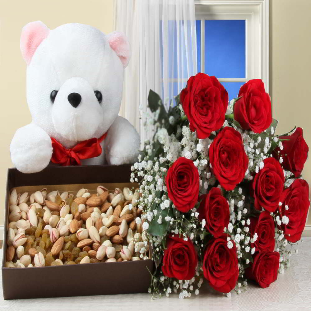 Healthy Dry Fruits Box and Red Roses with Teddy Bear for Mumbai