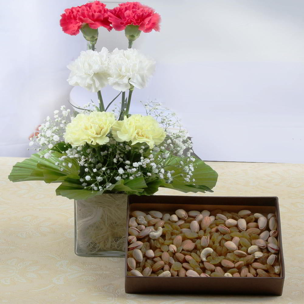 Assorted Dry Fruits with Vase of Carnations for Mumbai