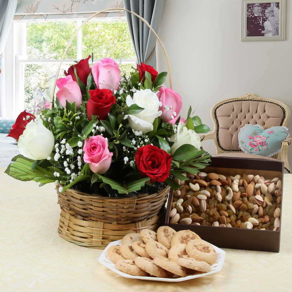 Roses Arrangement with Assorted Dry Fruits and Cookies for Mumbai