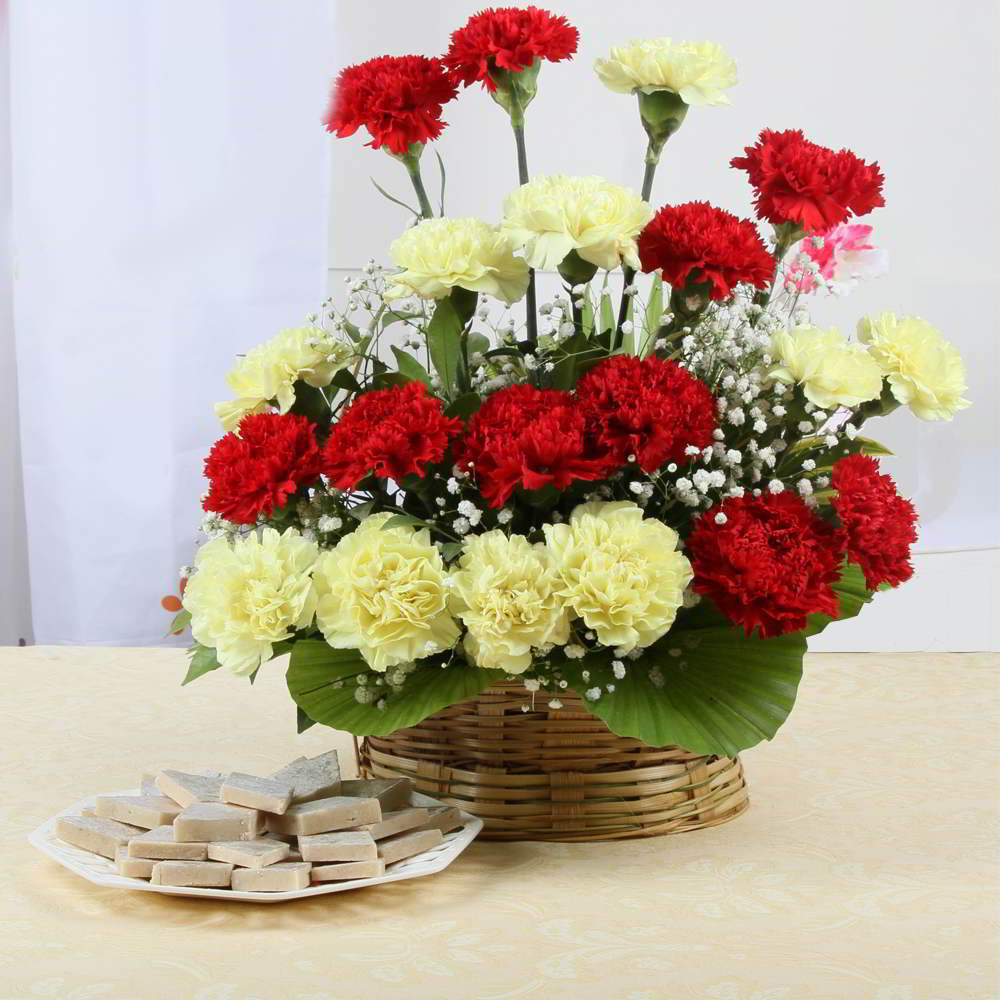 Kaju Katli Sweets with Carnation Arrangement for Mumbai