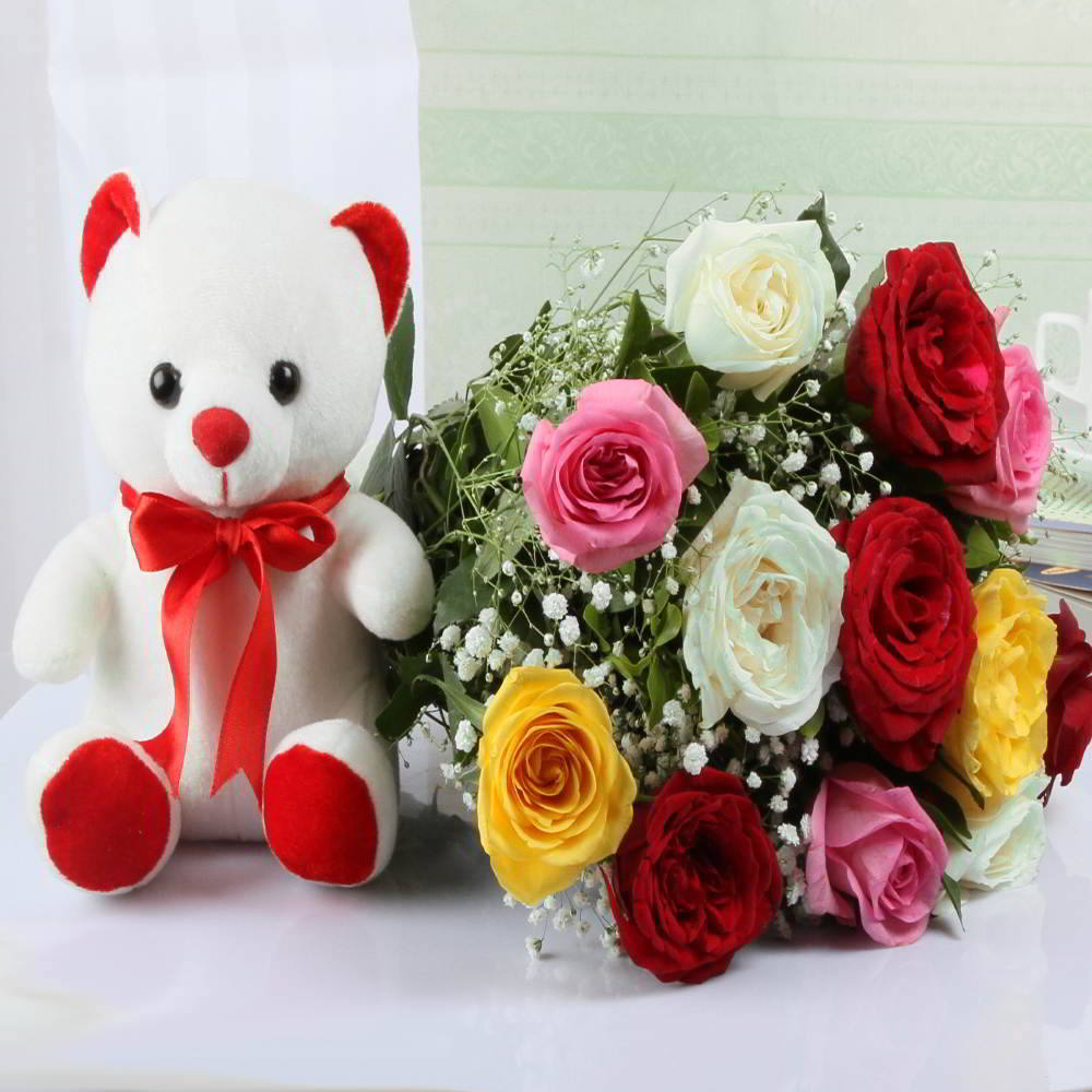 Cuddly Teddy Bear and Roses Bouquet for Mumbai