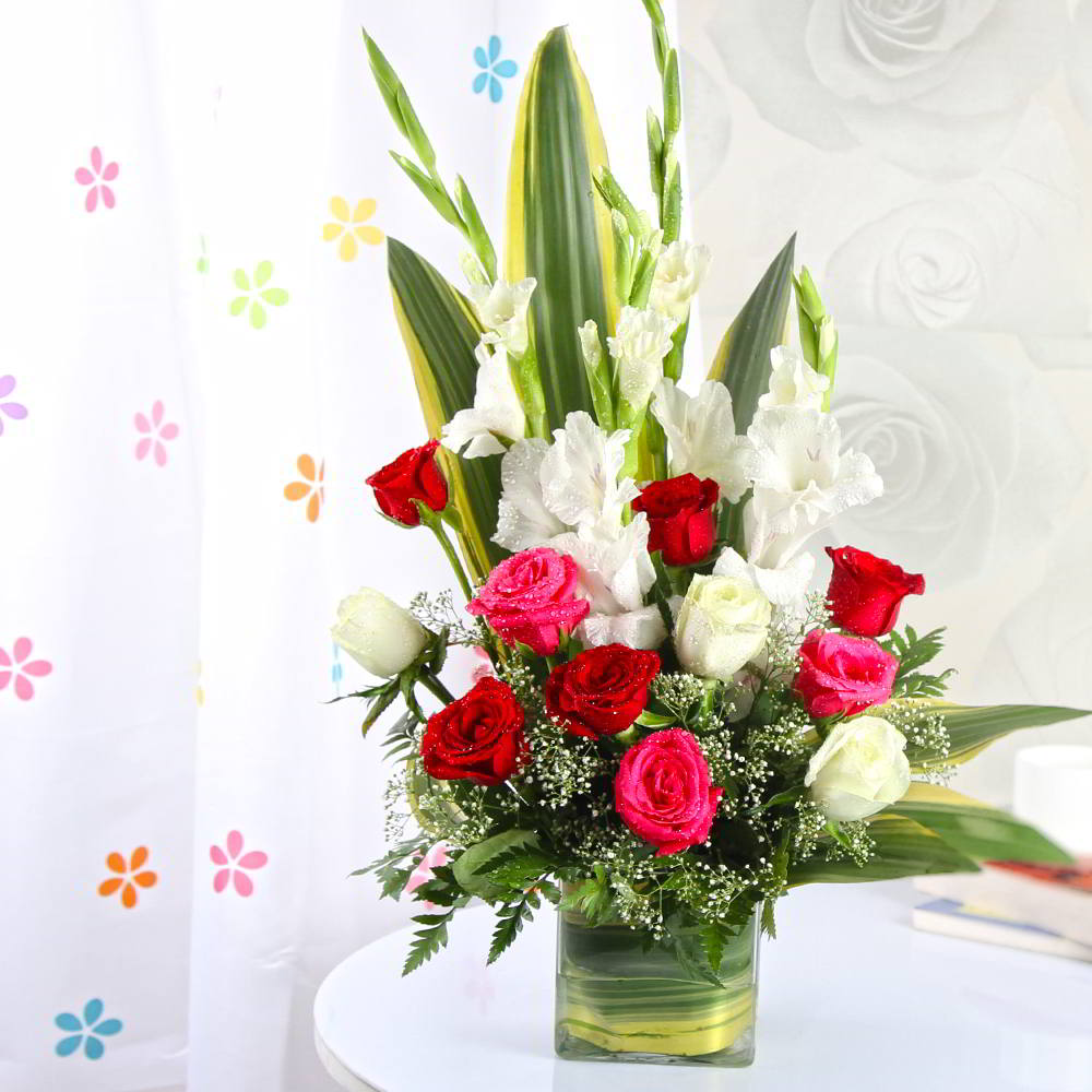 Exotic Vase Arrangement of Roses and Glads for Mumbai