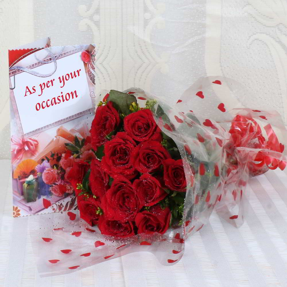 Ten Red Roses Bouquet with Greeting Card Same Day Delivery for Mumbai