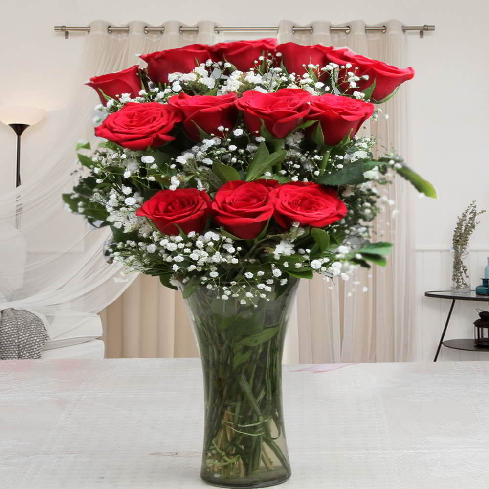 Glass Vase of One Dozen Red Roses for Mumbai