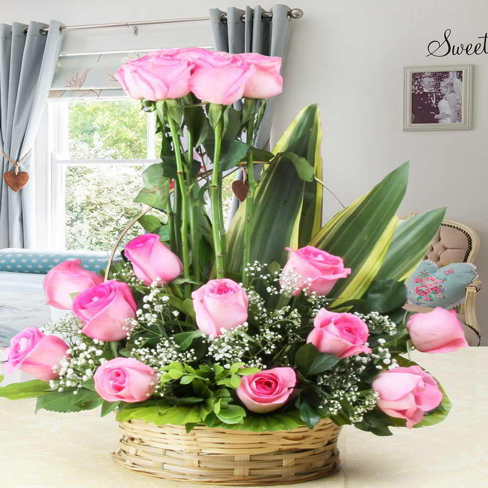 Delightful Arrangement of Pink Roses in Basket for Mumbai