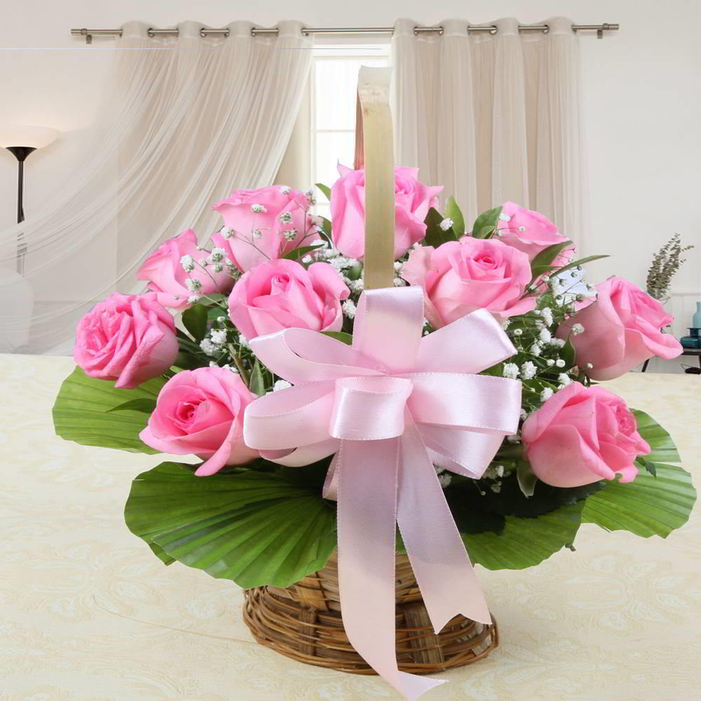 Basket Arrangement of Pink Roses for Mumbai