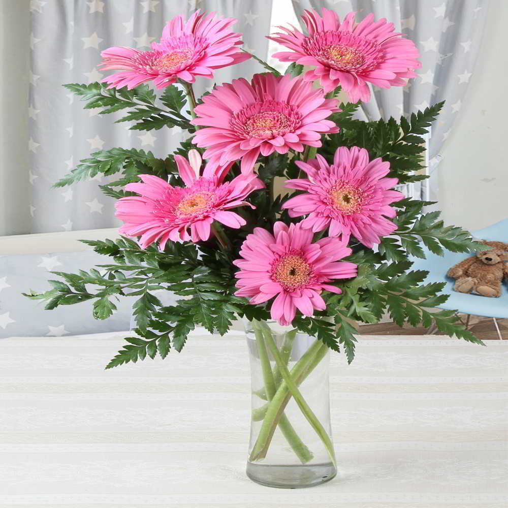 Vase of Six Pink Gerberas for Mumbai