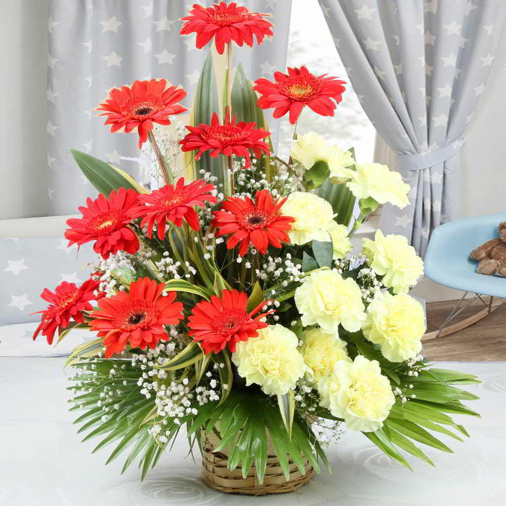 Arrangement of Yellow Carnations with Red Gerberas for Mumbai
