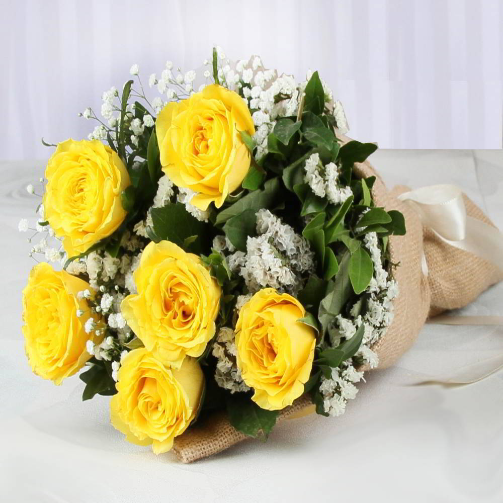 Jute Wrapped Yellow Roses Bouquet for Mumbai
