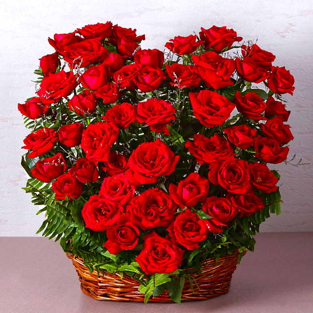 Fifty Red Roses Heart Shape Basket Arrangements for Mumbai