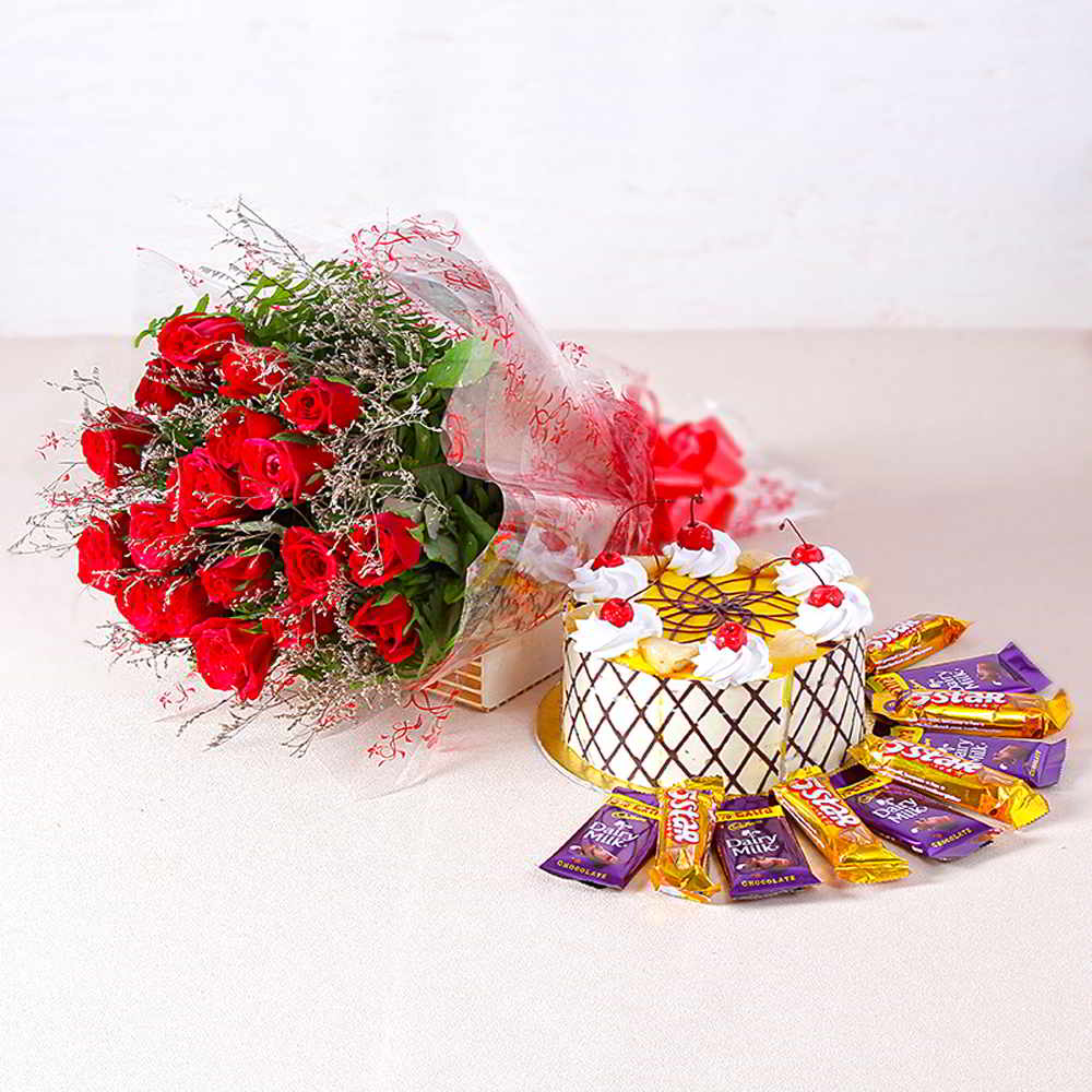 Eighteen Red Roses with Pineapple cake and Bars of chocolates for Mumbai