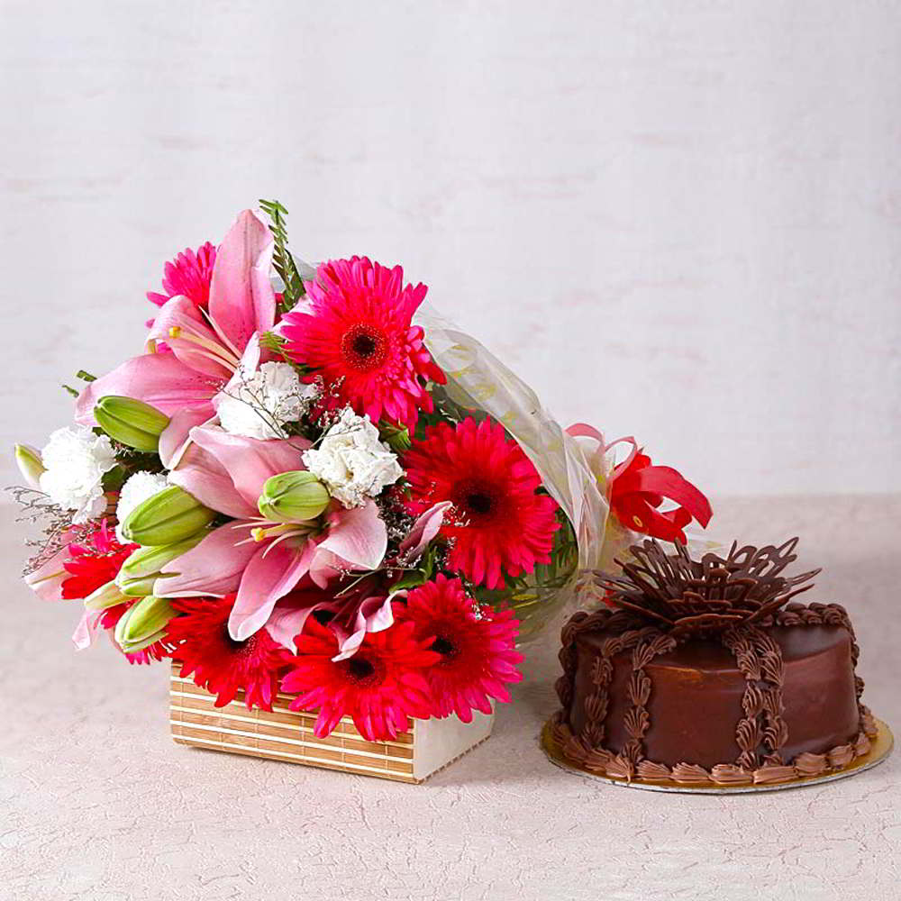 Pink Lilies and Gerberas Bouquet with Chocolate Cake for Mumbai
