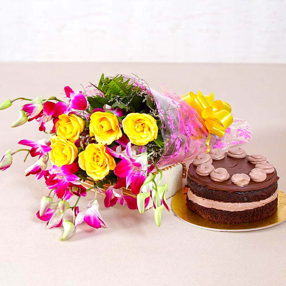 Yellow Roses and Orchids with One Kg Chocolate Cake for Mumbai
