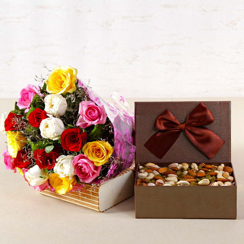 Bouquet of Twenty Mix Color Roses with Assorted Dry Fruits Box for Mumbai
