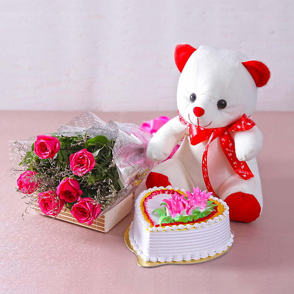 Six Pink Roses with Heart Shape Vanilla Cake and Cute Teddy Bear for Mumbai