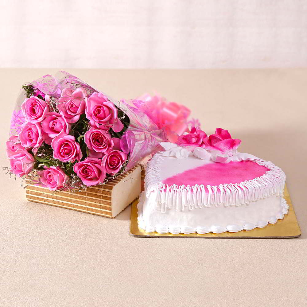 Love Heartshape Strawberry Cake with Pink Roses Bouquet for Mumbai