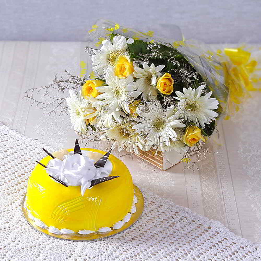 White Gerberas with Yellow Roses and Pineapple Cake for Mumbai