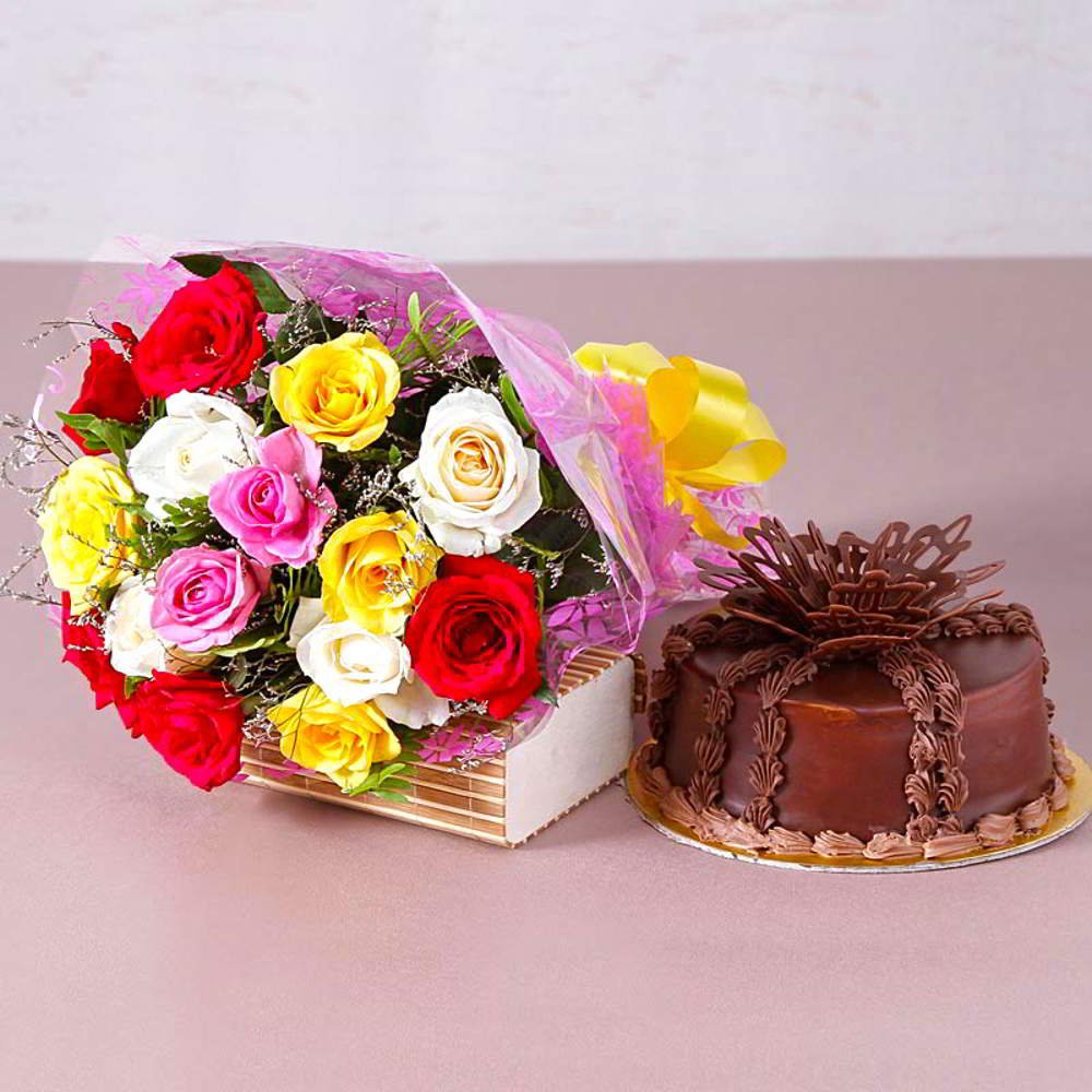 Fifteen Colorful Roses Bouquet with One Kg Chocolate cake for Mumbai