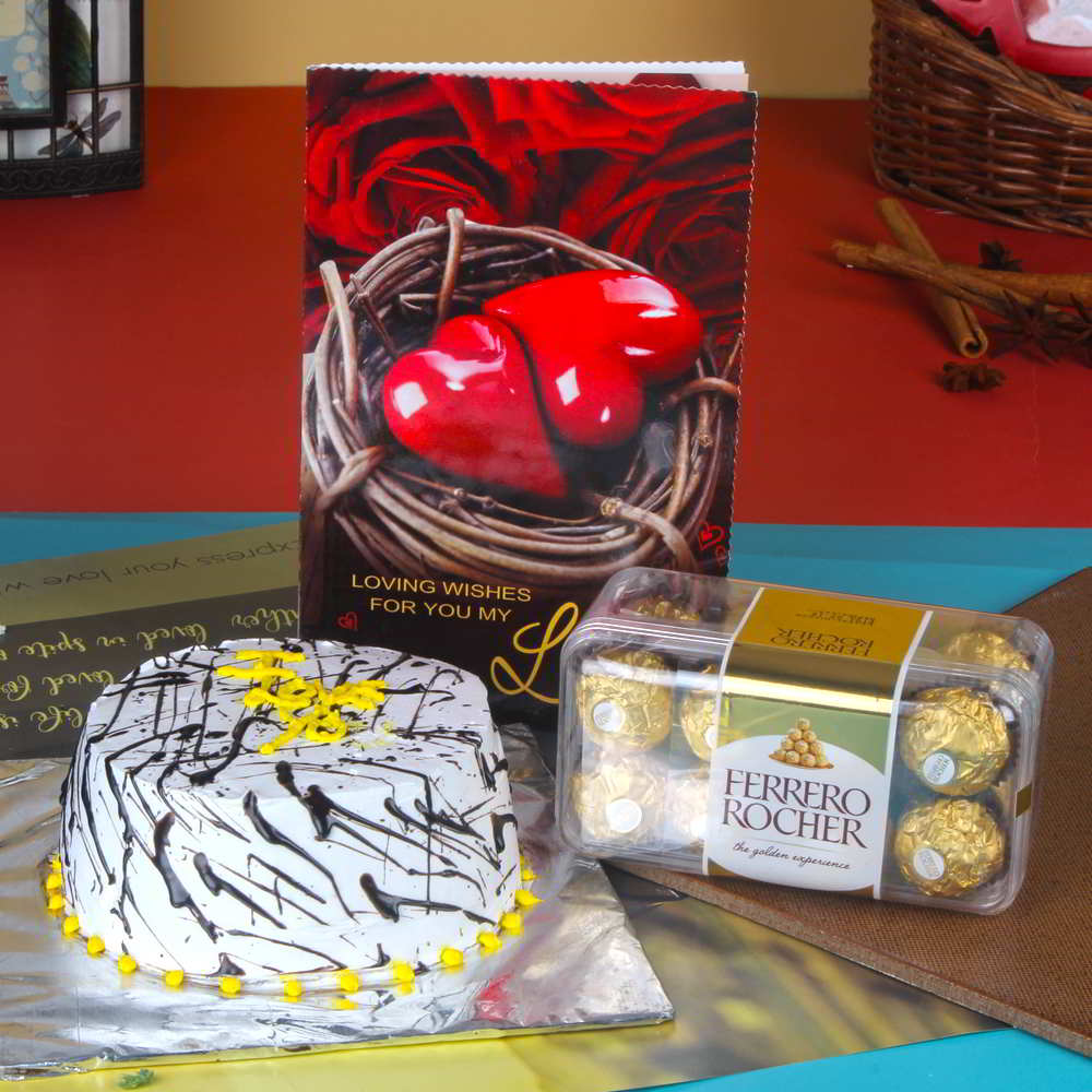 Vanilla Cake with Card and Ferrero Chocolates For Valentine Gift