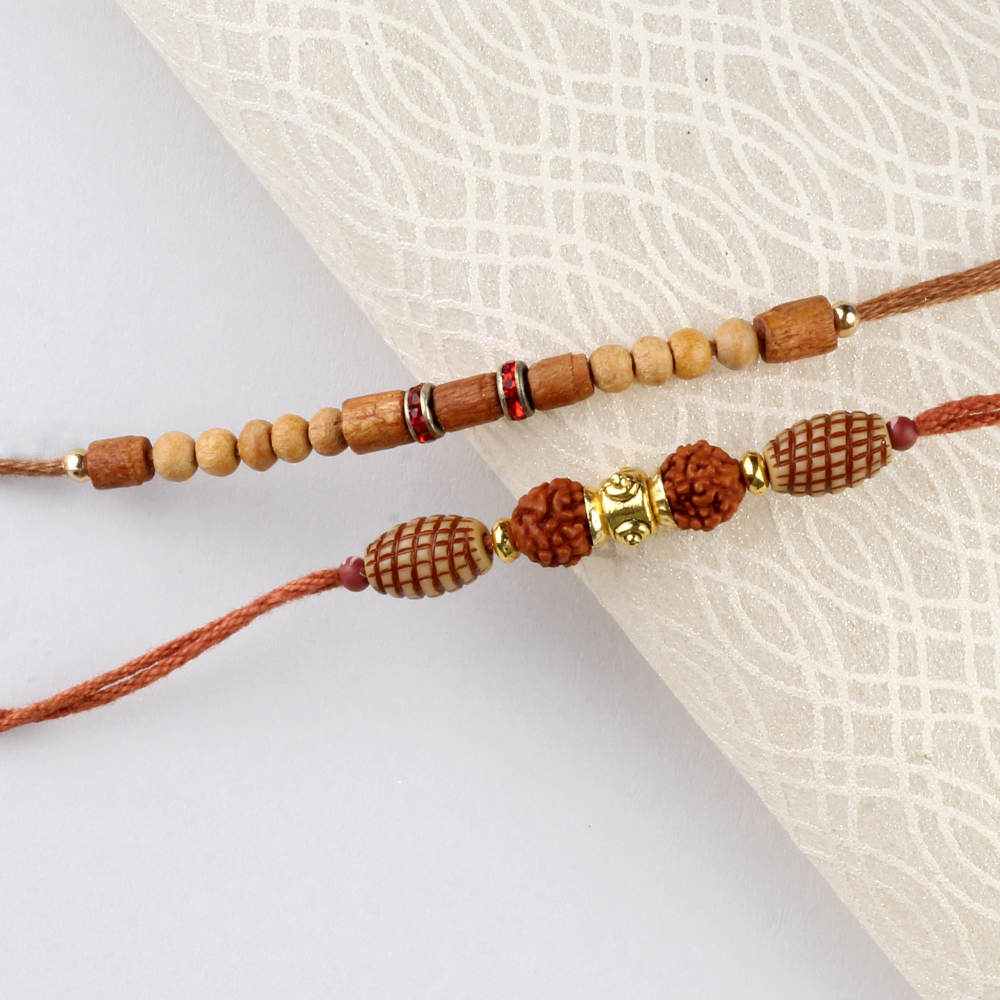 Wooden Beads Rakhi with Double Rudraksha Rakhi