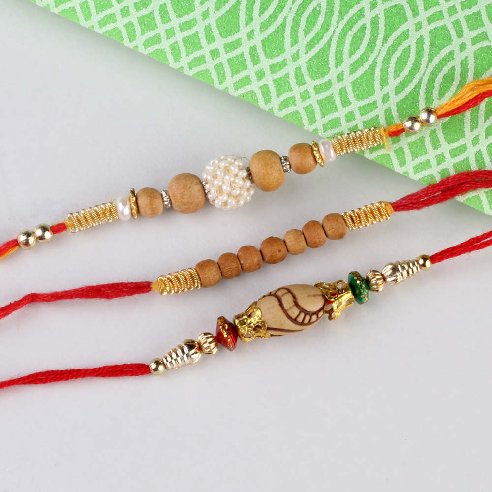 Three Wooden Color Beads Rakhis Set