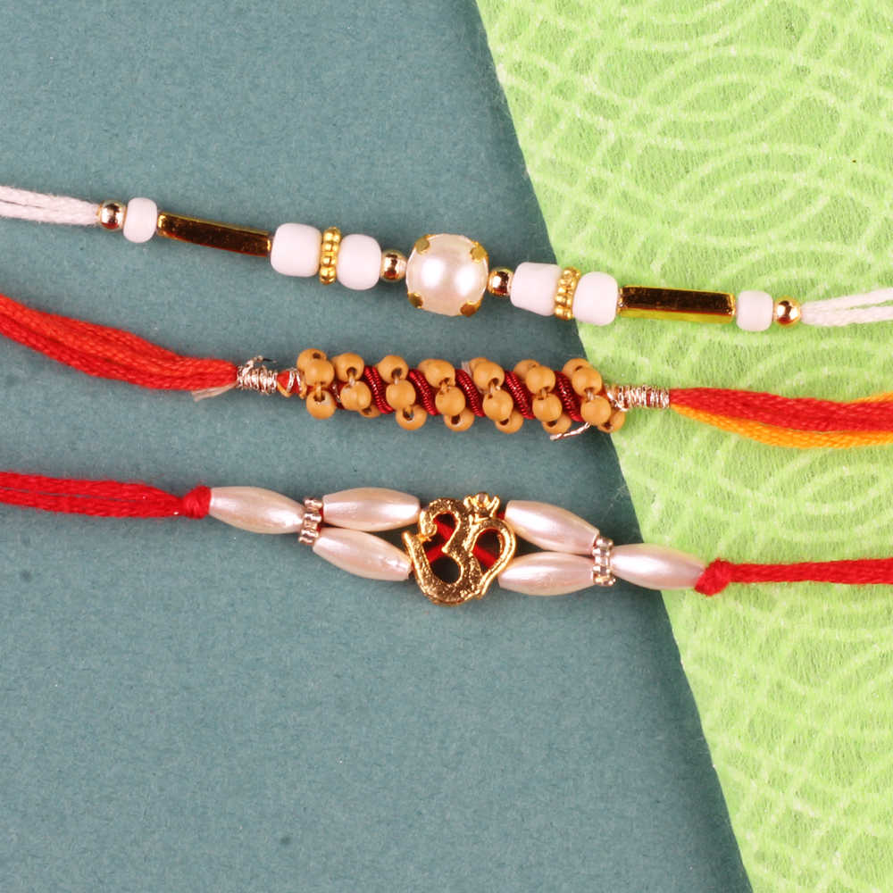 Pearl Om and Wooden Beads Rakhis
