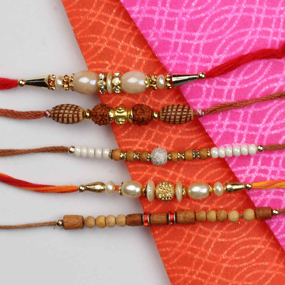 Set of 5 Pearl and Wooden Beads Rakhis