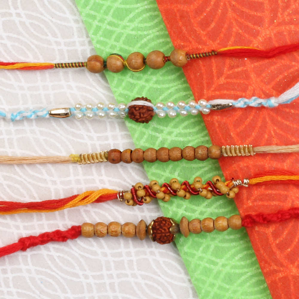 Five Different Fancy Wooden Beads Rakhis