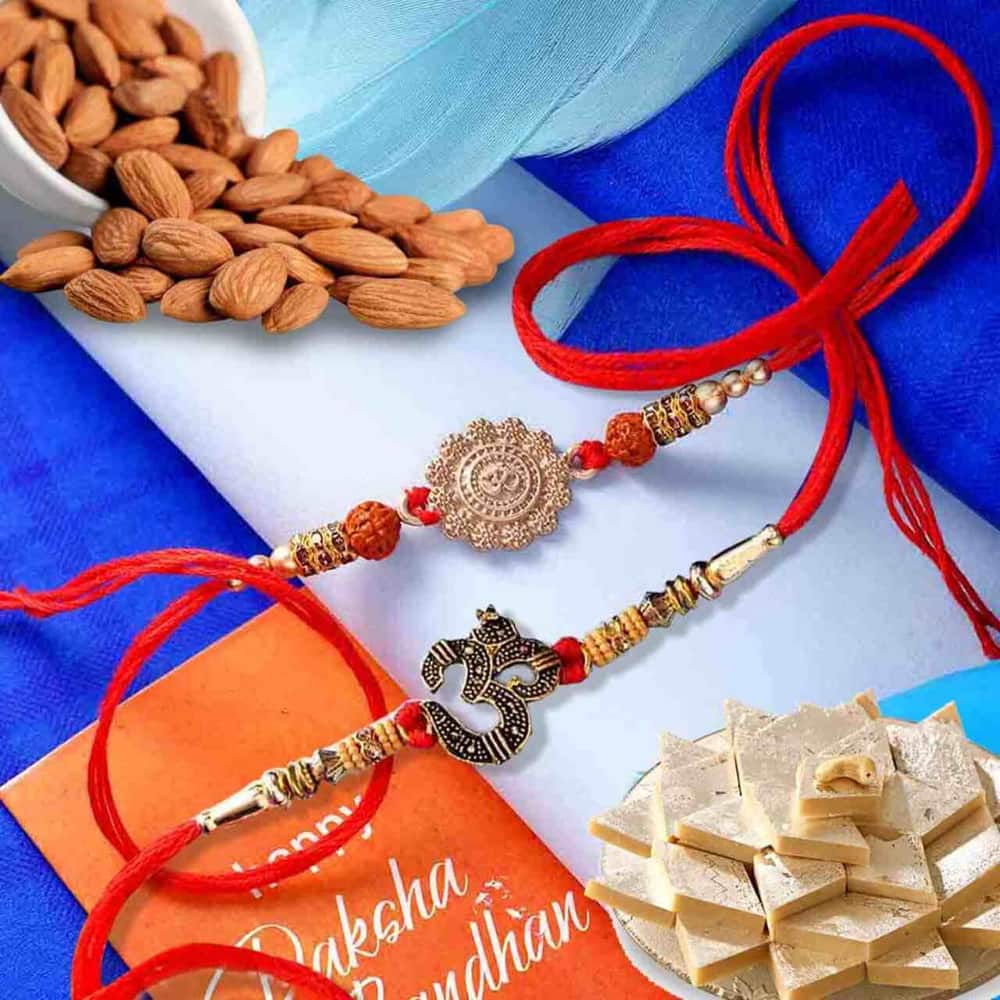 Almond With Kaju Sweet and Two Om Rakhi- USA