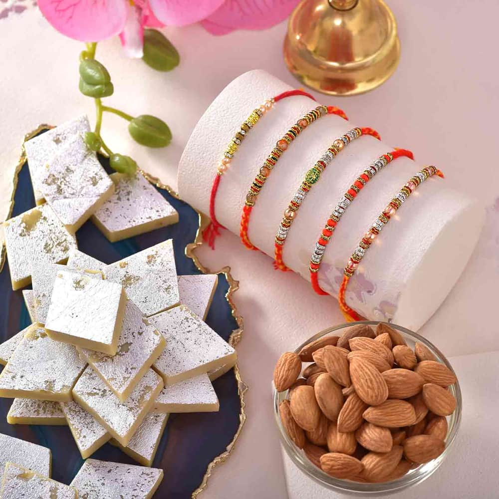 set of 5 rakhi 225 gm kaju katlii 100 almonds