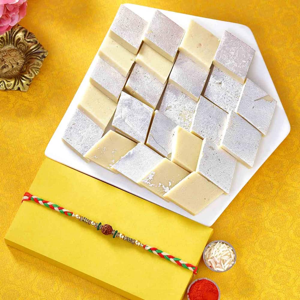 Kaju Katli Sweet with Rudrakhsa Rakhi to USA