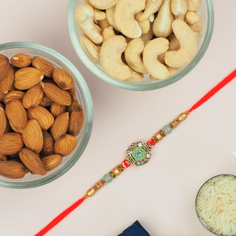 Designer Pearl and Stone Rakhi With Dry-fruits -For UAE