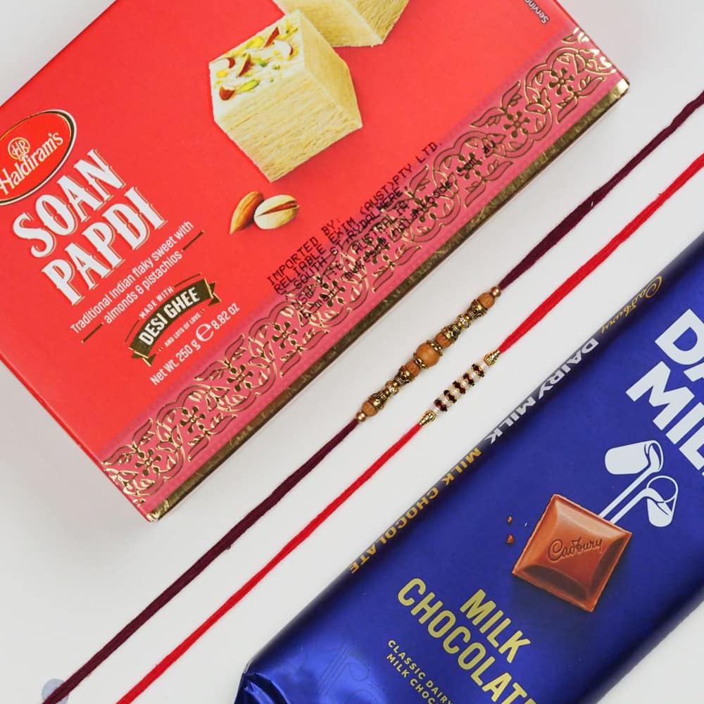  Two Rakhi With Soan Papdi and Chocolate -For UAE