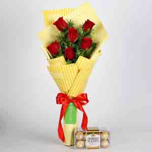 6 Red Roses Bouquet Ferrero Rocher Box	