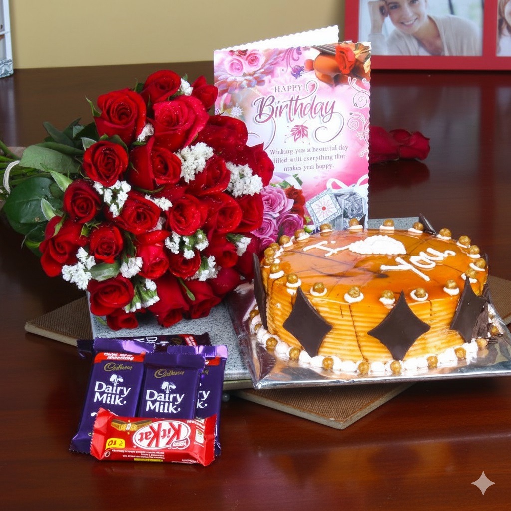 Roses with Eggless Birthday Butterscotch Cake and Assorted Chocolates