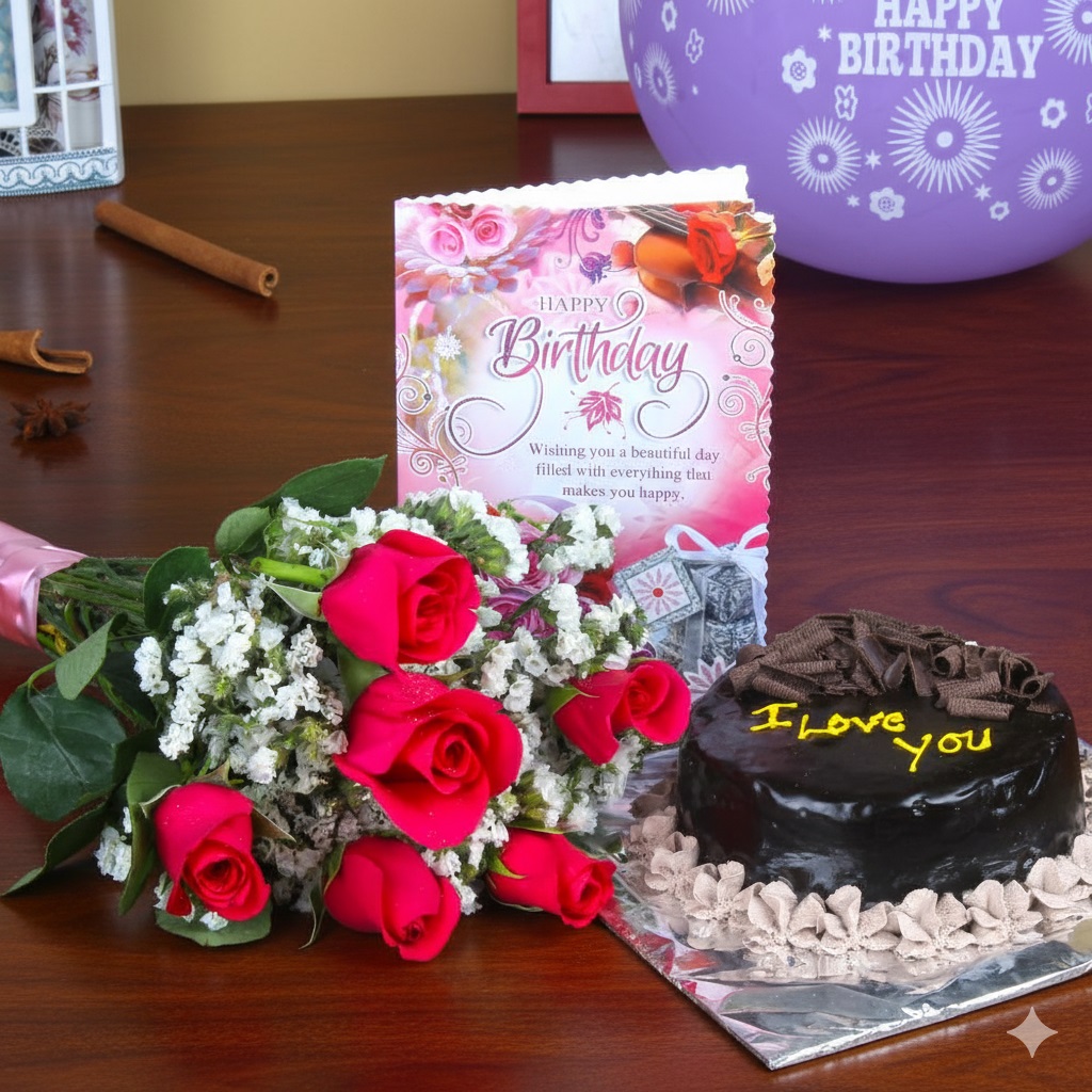 Six Roses Bunch and Chocolate Cake with Birthday Greeting Card