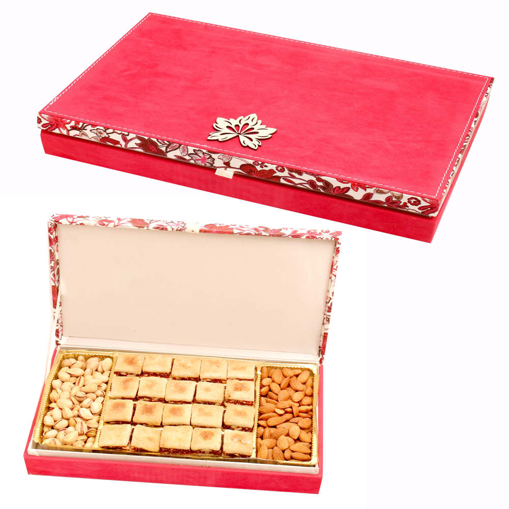 Pink Velvet Wooden Hamper box with Baked Anjeer Bites , Almonds and Pistachios
