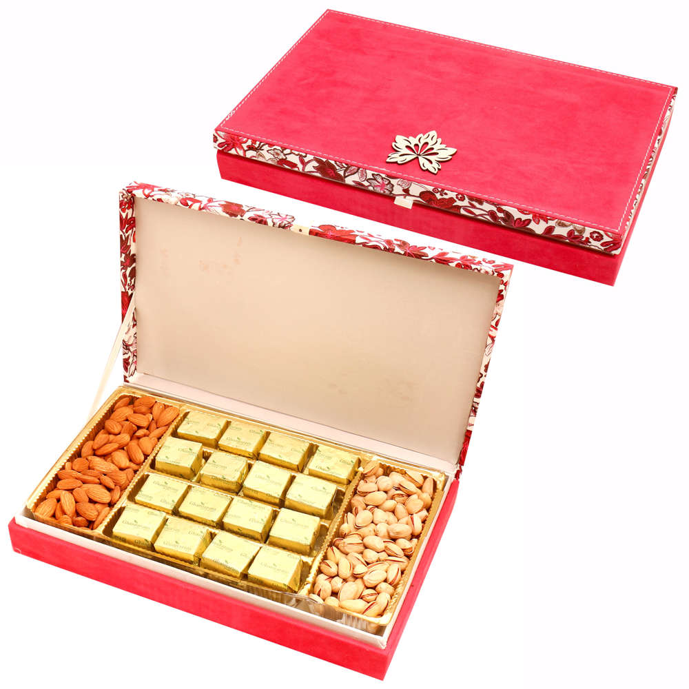 Pink Velvet Wooden Hamper box with Mewa Bites, Almonds and Pistachios