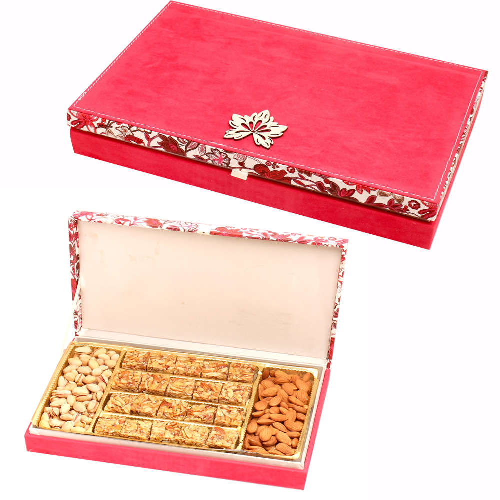 Pink Velvet Wooden Hamper box with Roasted Almond Delight , Almonds and Pistachios