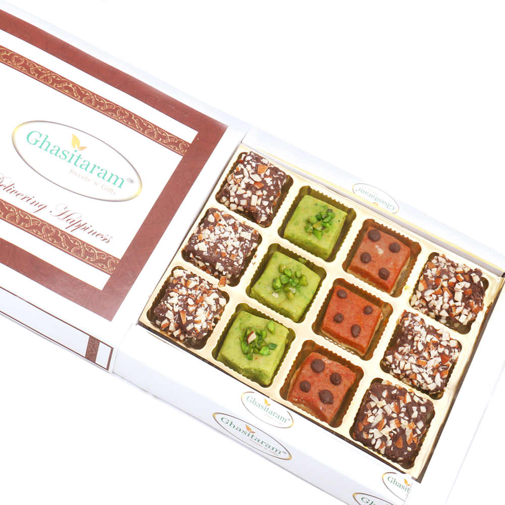 Pista Barfi, Besan Barfi and English Brittle Chocolates In White Box