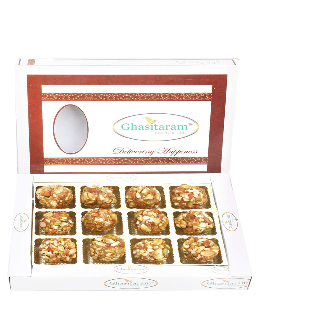 Ghasitaram's Roasted Dryfruit Laddoo in White box