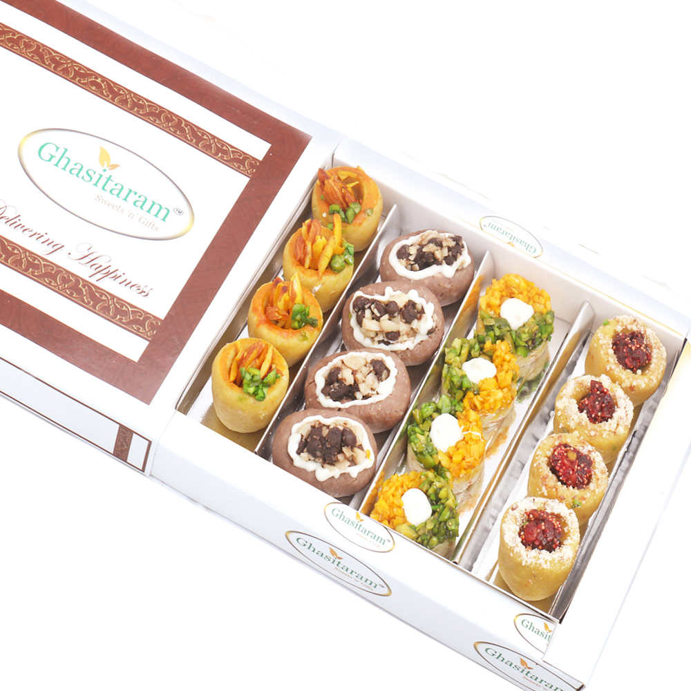 Assorted Box of Anjeer Basket, Kesar Pista Delight, Choco Boat and Almond Basket 400 gms