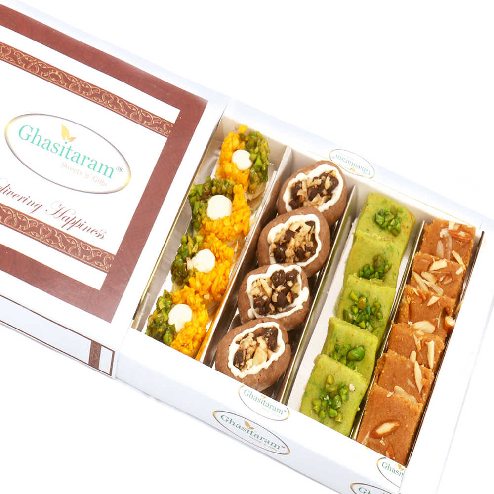 Assorted Box of Pista Barfi, Kesar Pista Delight, Choco Boat and Besan Barfi 400 gms