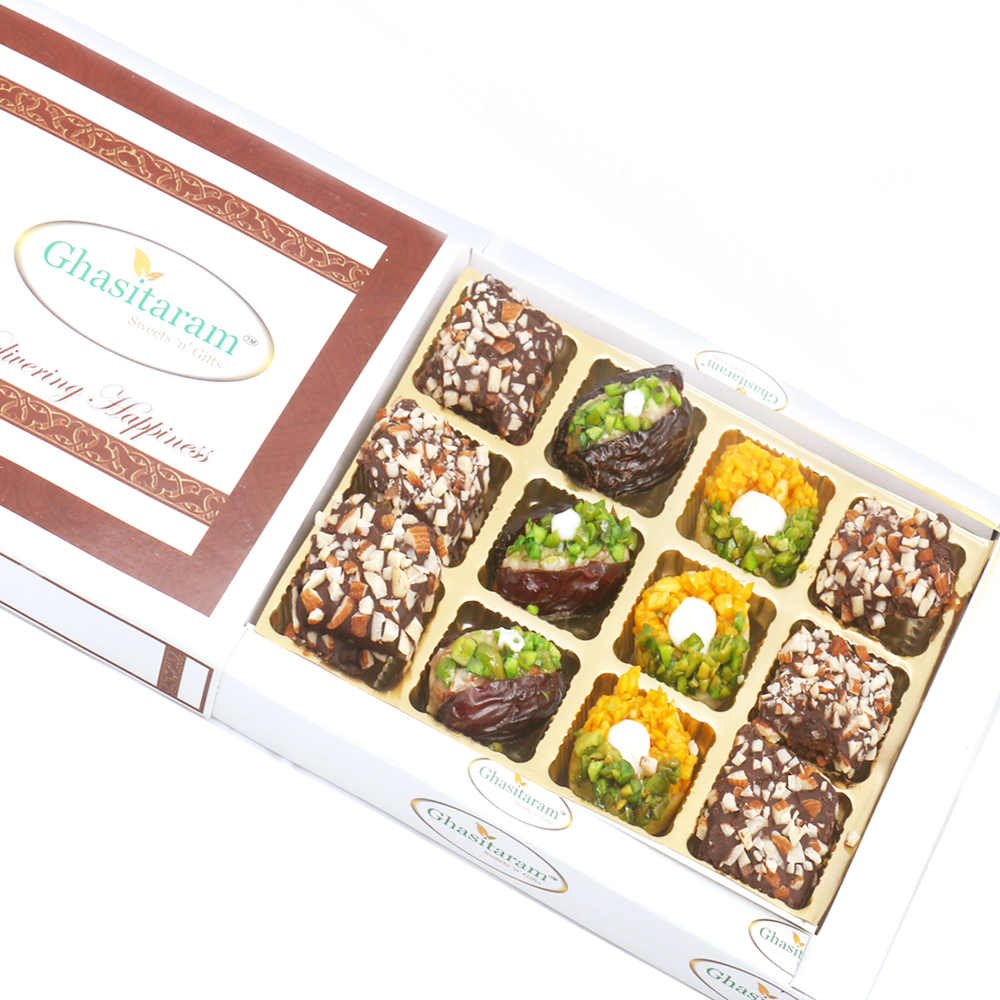 Kesar Pista Delight, Dates and English Brittle Chocolates In White Box