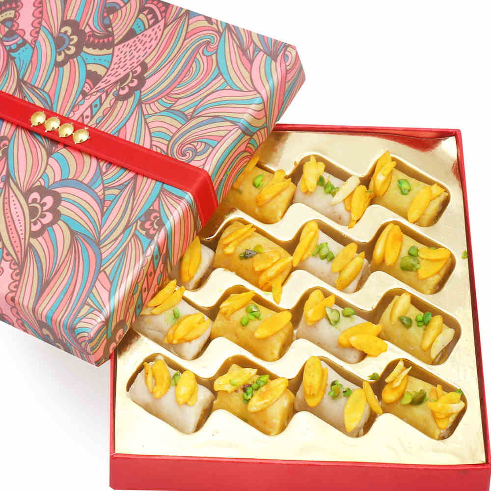 Mini Assorted Kaju Rolls in Pink Box