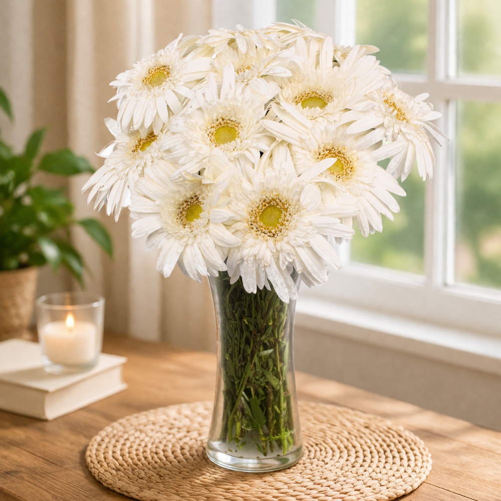 Dozen White Gerberas in Classical Vase