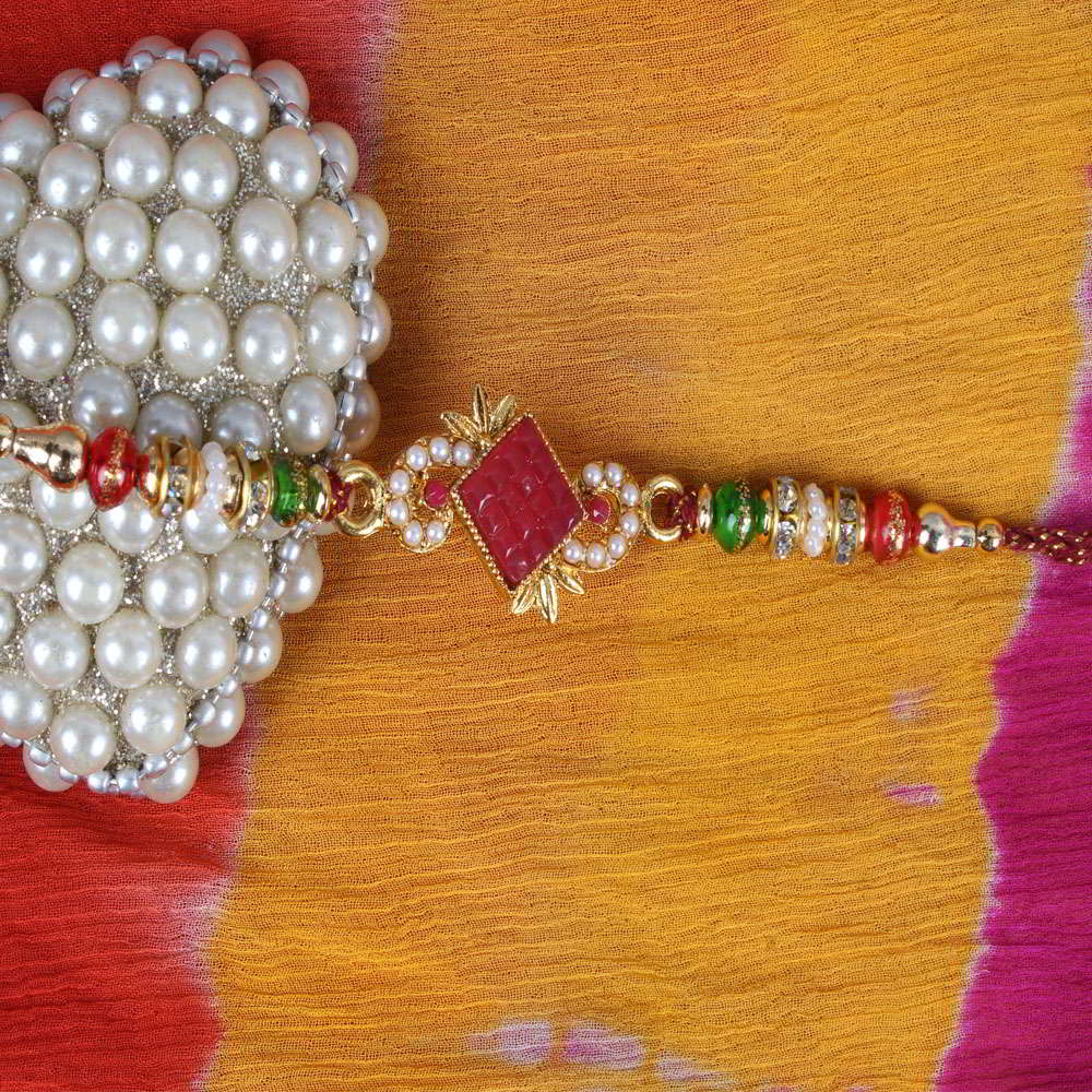 Tiny Pearl and Stone Sphere Kundan Rakhi-Worldwide